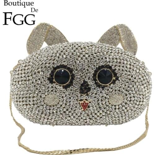 Boutique De FGG Bunny Rabbit Head Women Crystal Clutch Evening Bags Bling Luxury Minaudiere Handbags Wedding Party Purses Bag