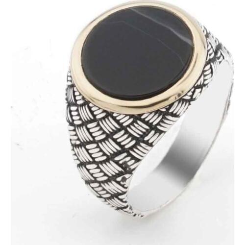 Black Round Onyx Stone Silver Men 'S Ring