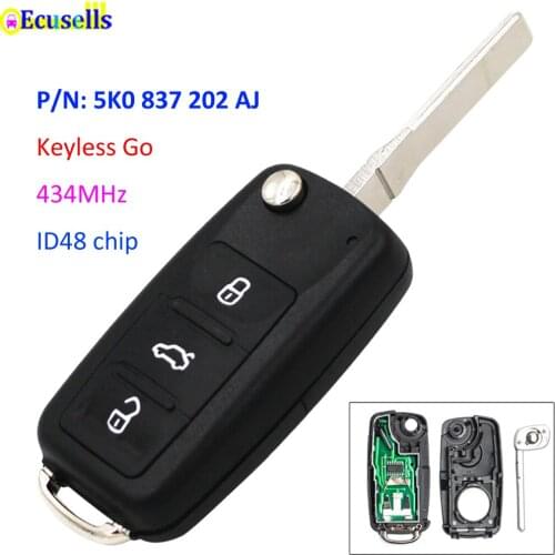 Flip Remote Key Fob 3 Button 434MHZ For VW Volkswagen Beetle Caddy Golf Polo Eos 5K0837202AJ 5K0 837 202 AJ With ID48 Chip