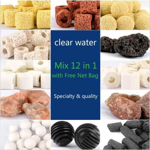 100g /150g Aquarium Fish Tank Filter Media Ceramic Rings Activated Carbon Bio Balls Clear Water with Free Net Bag Mix 12 in 1