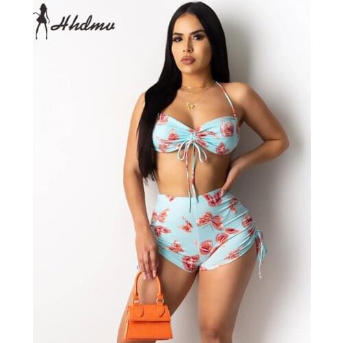 2020 Hot Backless Sexy Beach Hollow Out Young Open Fashion Halter Bandage Top Group Short Pants Elastic Women 2 Piece Set