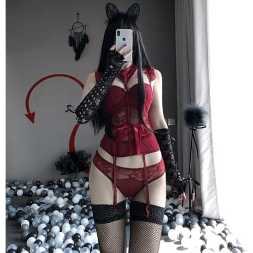 Gothic Anime Lace Corset Underwear Erotic Lingerie Set Women Halter Bustier Tops Thigh-Highs Garter Sexy Maid Cosplay Costumes