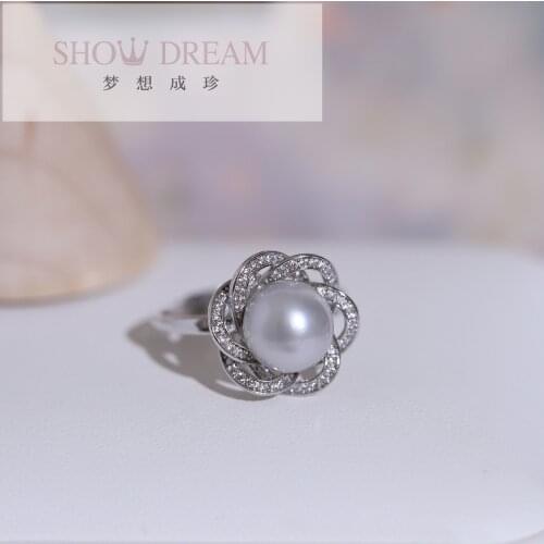 SHOWDREAM Trendy S925 Silver Zircon Rings atural Seawater Pearl Ring for Women Open Adjustable Ring Fashion Jewelry Gifts