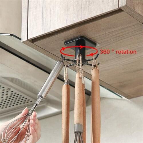 360° Rotating Kitchen Hook Self-adhesive Wall Storage Simple No Punching Cabinet Convenient Organizer Multi-Purpose Rotary Hooks