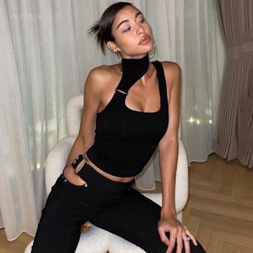 Summer Y2k 90s Aesthetic White Sexy Halter One Shoulder Hollow Out Backlees Corset Crop Top Cami CuteIndie Black Tank Women 2021