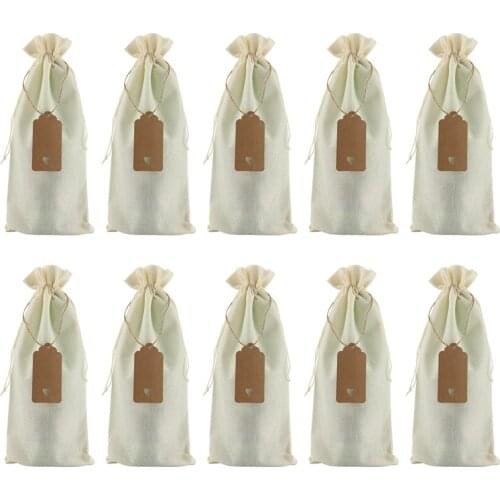 Burlap Wine Bags Wine Gift Bags with Drawstrings, Single Reusable Wine Bottle Covers with Ropes and Tags