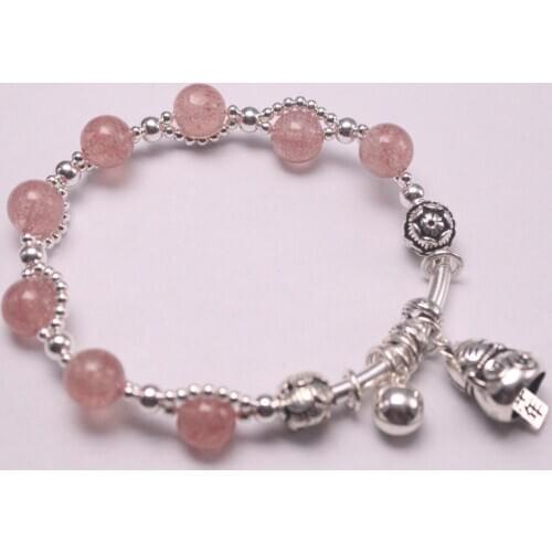 Real Silver 925 Bracelet Chain For Women Girl Silver Small Beads 8mm Pink Crystal Beads Lucky Bracelet 16-17cmL Charms Cat Gift