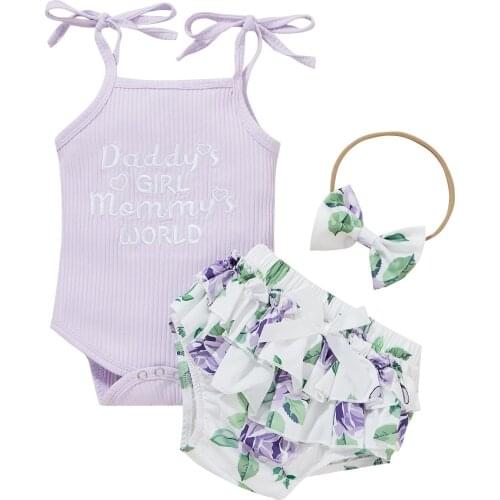 New Baby Girls 3Pcs Summer Outfits, Sleeveless Self-Tie Strap Rib Knit Romper + Bloomer Shorts + Headband Set