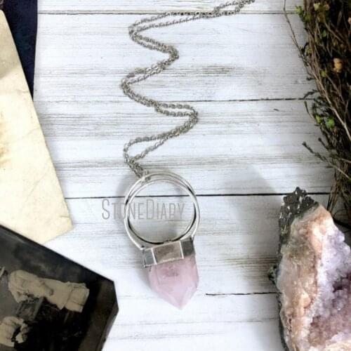 NM39976 Silver Crystal Rose Quartz Necklace Pink Quartz Necklace Natural Stone Necklace Statement Jewelry Bohemian Jewelry