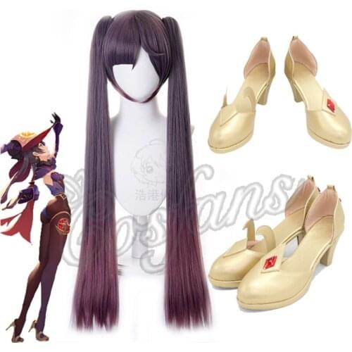 Game Genshin Impact Mona Megistus Cosplay Wig Astral Reflection Purple Twin Tail Wig Mona Shoes Cosplay Megistus Cosplay Boots