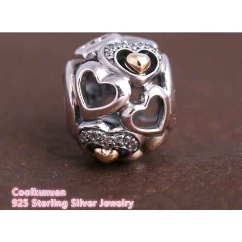 Mothers Day Gift Original 925 Sterling Silver Gold color Heart of Romance Clear CZ openwork charm Fits Pandora bracelets