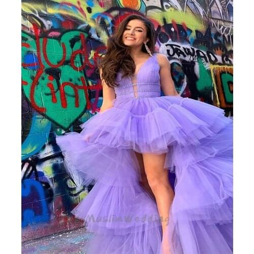 Romantic High Low Prom Dresses Sexy Tiered Tulle Lilac Evening Dress With Beaded Sexy Backless Party Formal Dress Graduation