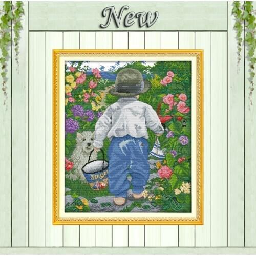 The garden boy dog flower home Decor painting counted print on canvas DMC 11CT 14CT kits Cross Stitch embroidery needlework Sets