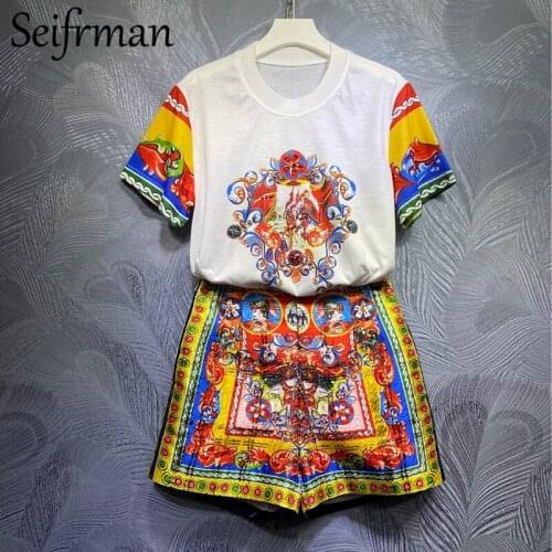 Seifrmann New 2021 Summer Women Fashion Runway Shorts Set Short Sleeve Loose Tops + High Waist Vintage Shorts 2 Two Pieces Suits