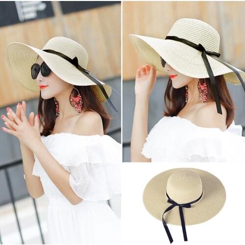 Summer Large Brim Straw Hat Wide Brim Foldable UPF 50+ Cap For Women Bowknot Beach Foldable Hats New Hats For Women