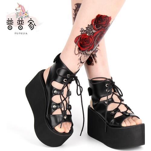 Princess sweet lolita shoes Darkness tied sandals with large super high heel 10CM thick-soled Muffin custom shoes women pu6012