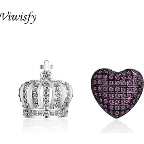 Viwisfy Vintage Crown Heart Studs Earring 925 Sterling Silver Earrings For Woman Crystal Stud Earrings Women VW21027