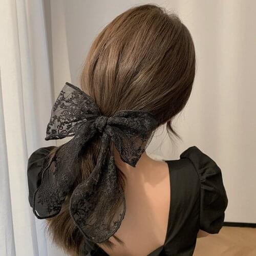 Ladies Headwear White Black Lace Bow Elastic Hair Bands Ties Ropes For Women Girls Large Long Tail Bowknot Hair Clips Barrettes