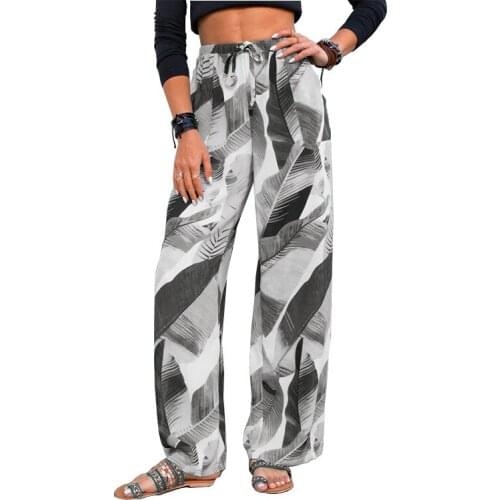 2021 Summer New Women Leaf Print Sashes Long Pant Bohemian Holiday Style Thin Loose Wide-Leg Pant Fashion Casual Beach Trousers