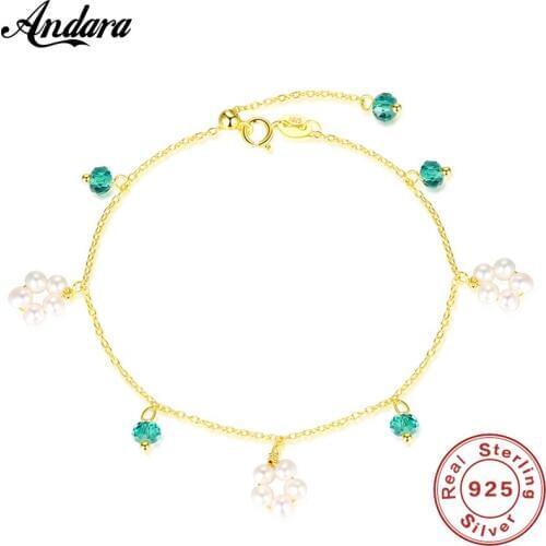 Jewelry Bracelet Womens 925 Sterling Silver Natural Green Gem 3-4mm Natural Pearl Charm Bracelet