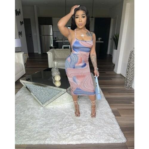 Women’s Fashion Irregular Printed Dress Sexy Backless Suspender Skinny Mid-length Dress
