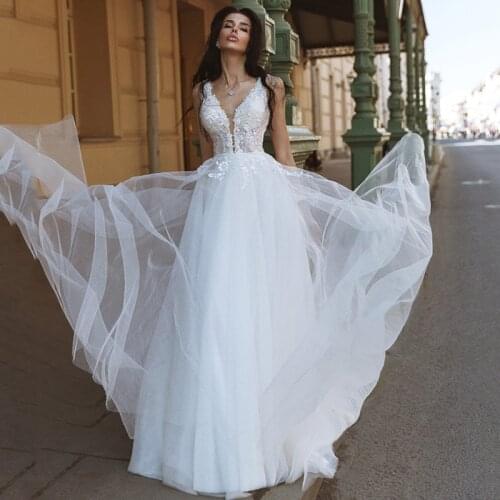 Vestido de Noiva 2021 Sexy Beach Wedding Dress Lace Beads V Back Bridal Dresses A Line Floor Length Korea Wedding Gowns Boho