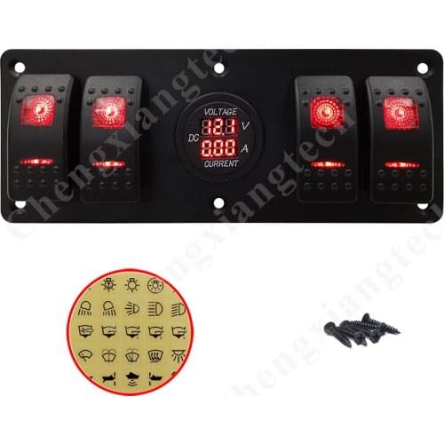 6 IN 1, 12V Red Led Aluminum 4 Gang Rocker Toggle Switch Panel With Digital Voltage / Current Tester Socket for Car Boat Marine