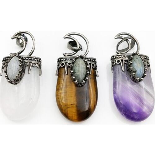 Antique bronze white crystal Labradorite Gems stone Moon Pendant Ornate Desgin Lunar Pendant polished charm amethysts tiger eye