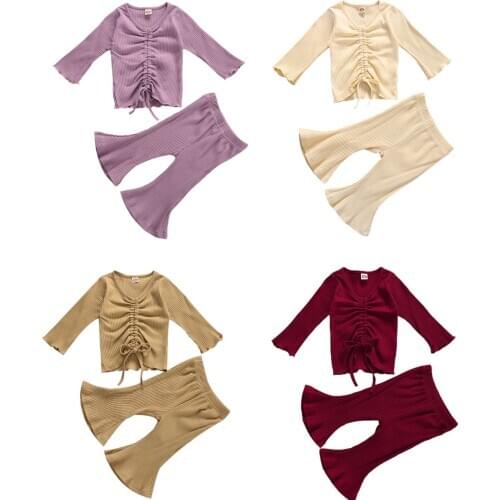 Infant Kids Baby Girl Ribbed Solid Set Flared Sleeve Suit Long Sleeves Tops Shirt Pants Navel Design Drawstring Spring Clothing