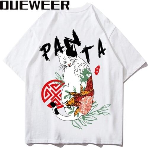 Dueweer Mens Summer Short Sleeve T-shirts Cotton Casual Hip Hop Luck Fish Cat Printed T-Shirt Tees Tops Streetwear