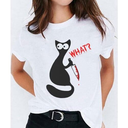 Womens Graphic T Shirt Ladies Female Tee T-Shirt T-shirts for Women Cat 90s Cartoon Summer Autumn Halloween Print Lady Top