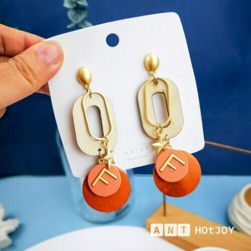 Korean Double-Layer Geometric Round Wood Earring For Women Letter F Star Dangle Earrings Ear Fashion Jewelry
