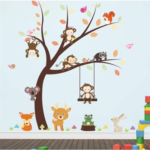 Lovely Monkey Fox Birds Animals Tree Wall Sticker For Kids Room Livingroom Home Decoration Cartoon Safari Mural Art Big Decal