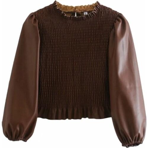 2021 New Fashion Solid Women PU Leather Short Shirt Womens Autumn and Winter Long-sleeved Shirt Casual Ladies Loose Top Blusas