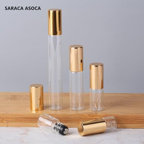 Wholesale 5ml Mini Glass Steel Roller Perfume Bottle Transparent Clear Roller Bottle Empty Ball Perfume Bottle Black Cap