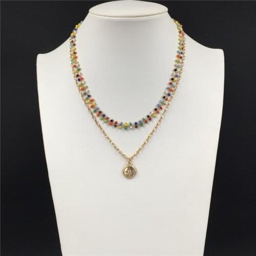 Pretty Multi Colored Bead Strand Round Disc Clear Stone in Center Layered Necklace For Women Decoration Rainbow Jewlery