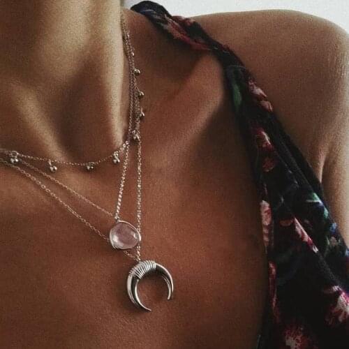 Boho Pink Acrylic Moon Pendant Necklace Women Vintage Silver Color Horn Multilayers Long Chain Necklaces Party Gift Wholesale