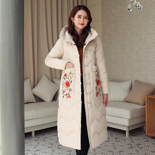 Casual Embroidered Cotton Coat Womens 2020 Autumn Winter Padded Coat Female Long Hooded Loose Cotton Clothing Women Pocket Q201