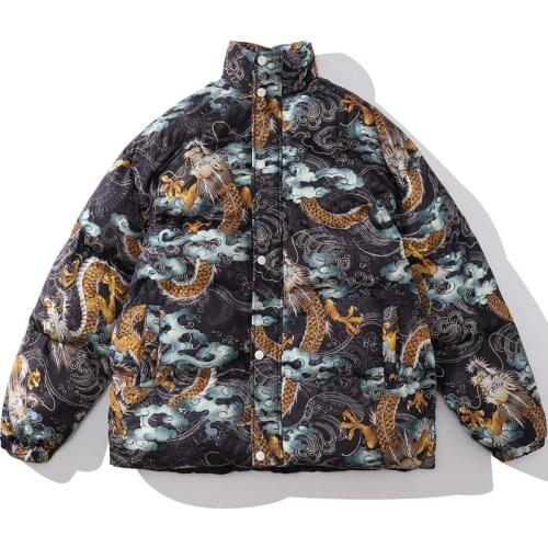 Oversize Men Parkas Puffer Jacket Chinese Dragon Printed Fashion Thick Warm Cotton High Quality Coat Brand Clothing Streetwear