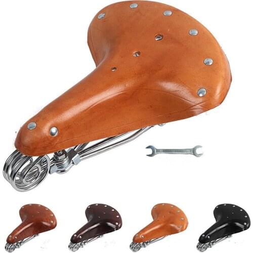 Retro Vintage Bicycle Saddle Cowhide Saddle Seat Spring Custion With Quick Installation Wrench Road Bike Leather Saddle Seat