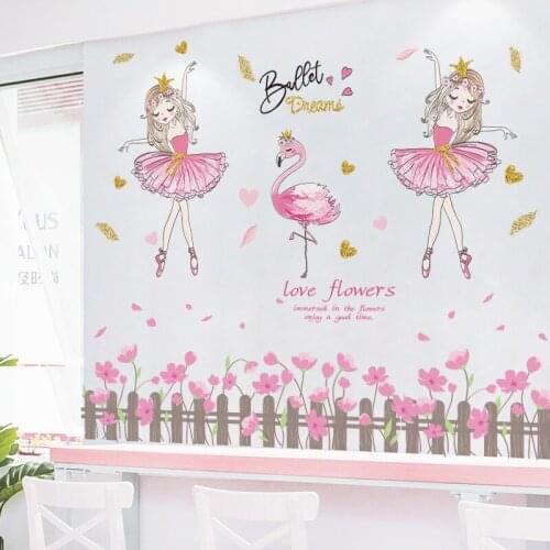 [shijuekongjian] Cartoon Girl Dancer Wall Stickers DIY Pink Flower Wall Decals for Kids Rooms Baby Bedroom House Decoration