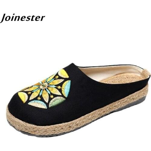 Women Summer Slippers Ladies Flat Heeled Slides Ethnic Trend Embroidered Casual Shoes Female Cotton Fabric Retro Mules