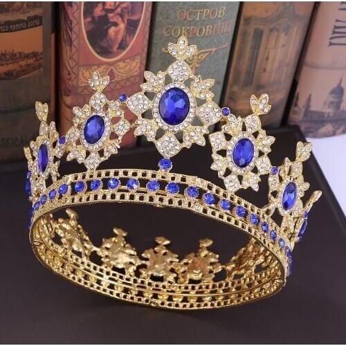 Blue Luxury Crystal Queen Full Round Crowns Baroque Royal King Rhinestone Big Tiaras Headpieces Princess Wedding Jewelry Gifts
