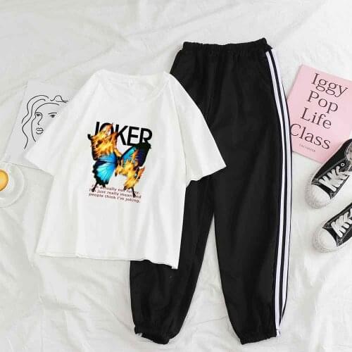 Urban Streetwear Pants Suits for Women 2021 2 Piece Set Women Trouser and Top Butterfly Print T Shirt Women Fashion Style