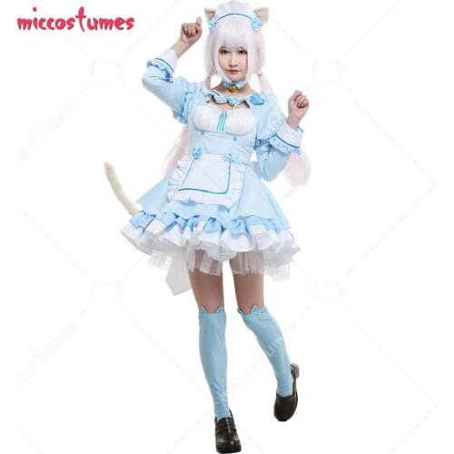 Nekopara Vanilla Catgirl Cosplay Costume Chest Open Maid Dress Ruffled Round Collar Long Sleeve with Ears Hairband Choker Tail