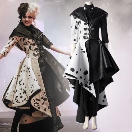 Cruella De Vil Cosplay Costume Adult Women Fancy Gown Black White Polka Dot Maid Dress Cruella Cosplay Costume Coat dress Outfit
