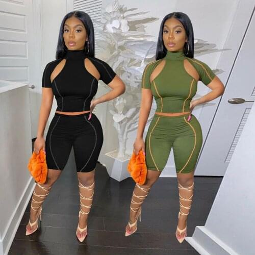 Echoine Turtleneck Short Sleeve Hollow Out Crop Top Shorts Set Sexy Skinny Bodycon Women Tracksuit Summer Sportwear Jogger Suit