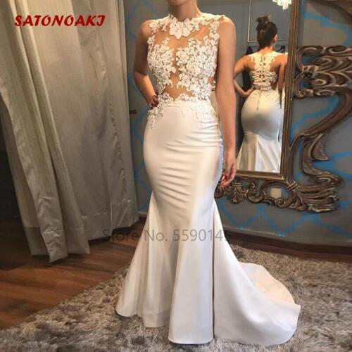 Elegant White Satin Mermaid See Through Prom Dress Lace Appliques Sleeveless Evening Gowns Undefined Online Shop Mariage India