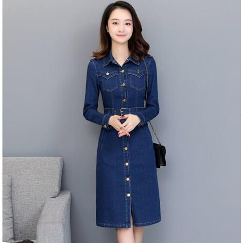 Fashion Single Breasted Denim Dresses Women Long Sleeve Jeans Dress With Belt Lapel Collar Elegant Office Midi Dress S-3XL