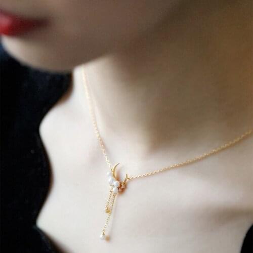 LAMOON 925 Silver Choker Necklace For Women Moon Star Pendant Shell Pearl Champagne Gold Color Fine Jewelry Japanese LMNI152